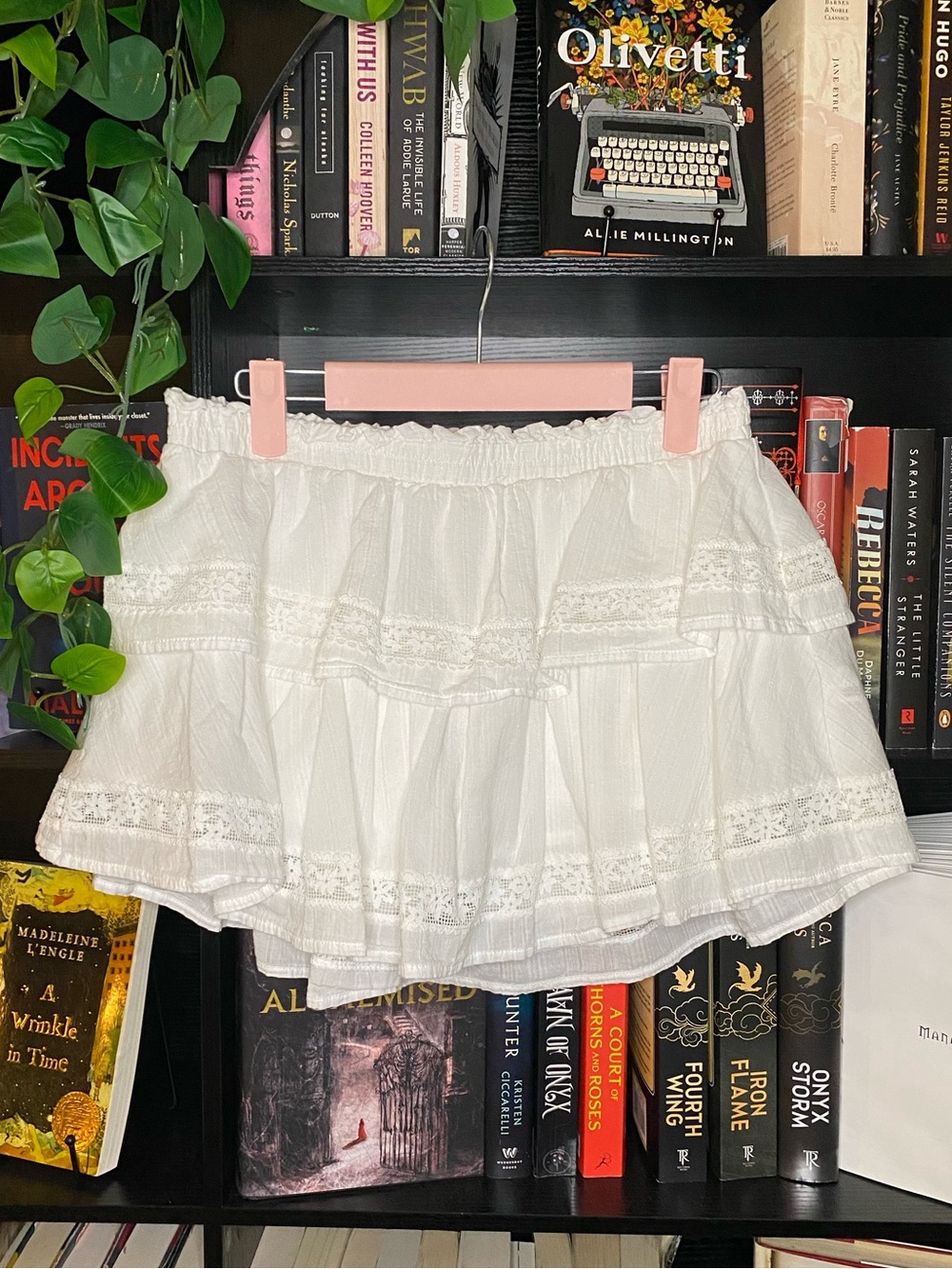 Cutie Coquette Fairycore Pointelle White Lace Ruffle Tiered Mini Skirt W/ Shorts